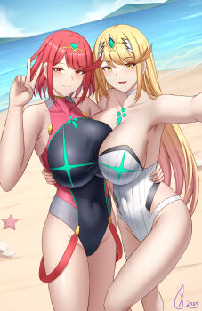 2girls absurdres beach black_one-piece_swimsuit blonde_hair breast_press breasts cleavage cloud day dutch_angle female_focus ghonky highres large_breasts looking_at_viewer matching_hair/eyes multiple_girls mythra_(xenoblade) nintendo ocean one-piece_swimsuit outdoors pyra_(xenoblade) red_eyes red_hair sand selfie sky smile standing starfish swimsuit v white_one-piece_swimsuit xenoblade_chronicles_(series) xenoblade_chronicles_2 yellow_eyes