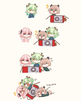 >_< 3girls :> ^^^ brown_hair ceres_fauna commentary english_commentary green_eyes green_hair hair_ribbon highres hololive hololive_english indie_virtual_youtuber lemonleaf long_hair medium_hair mole mole_under_eye multiple_girls nimi_nightmare open_mouth pink_eyes pink_hair pushing ribbon rocket sappysque side_ponytail smile virtual_youtuber voice_actor_connection yellow_eyes