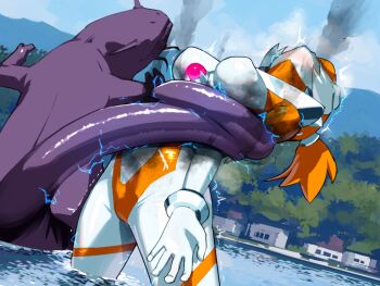 Rule 34 | 1girl, blue eyes, bound, commentary request, electrocution, energy drain, giant, giantess, kaiju, multicolored hair, nikunopengin, orange hair, original, twintails, two-tone hair, ultra series, white hair, x-girl flare