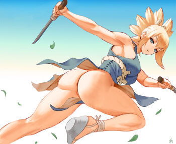 1girl anus armpits ass bare_shoulders blonde_hair blue_background blue_dress blue_eyes bottomless breasts dr._stone dress from_behind gradient_background high_heels knife kohaku_(dr._stone) legs looking_at_viewer no_panties sidelocks solo white_background zefrableu