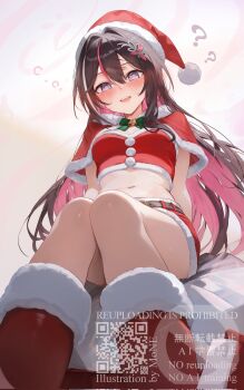 ? ?? alternate_costume asymmetrical_sidelocks azki_(hololive) bikini blush boots braid brown_boots brown_hair capelet colored_inner_hair commentary_request double-parted_bangs drunk foreshortening front-tie_bikini_top front-tie_top fur-trimmed_capelet fur-trimmed_headwear fur-trimmed_shorts fur-trimmed_tube_top fur_trim hair_between_eyes hair_intakes hair_ornament hairclip half_up_braid hat heart heart-shaped_pupils highres hololive knees_together_feet_apart long_hair motoi_(croa76) multicolored_hair open_mouth pink_hair pink_streaks purple_eyes qr_code red_capelet red_hat red_shorts red_tube_top sack saliva saliva_trail santa_costume santa_hat shorts sidelocks sitting squeans strapless streaked_hair swimsuit symbol-shaped_pupils tube_top unfinished very_long_hair virtual_youtuber watermark white_streaks