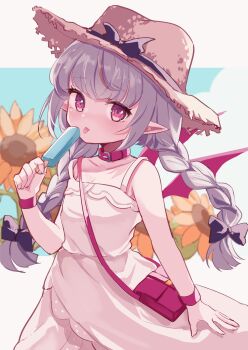 1girl bag black_bow blush bow braid collar cowboy_shot demon_wings dress flower food grey_hair hair_bow hat highres holding holding_food holding_popsicle karunabaru long_hair looking_at_viewer makaino_ririmu makaino_ririmu_(3rd_costume) multicolored_hair nijisanji pointy_ears popsicle red_collar red_eyes red_hair red_wings shoulder_bag solo strap_slip straw_hat sundress sunflower tongue tongue_out twin_braids two-tone_hair virtual_youtuber white_dress wings wrist_cuffs