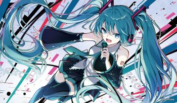 1girl aqua_eyes aqua_hair aqua_nails aqua_necktie aqua_trim arm_tattoo black_skirt blush breasts collarbone collared_shirt commentary_request detached_sleeves hair_between_eyes hair_ornament hatsune_miku headset highres holding holding_microphone long_hair long_sleeves looking_at_viewer medium_breasts microphone miniskirt necktie number_tattoo open_mouth pleated_skirt shirt skirt sleeves_past_wrists solo tattoo thighhighs twintails very_long_hair vocaloid white_shirt wide_sleeves yamanakaume zettai_ryouiki