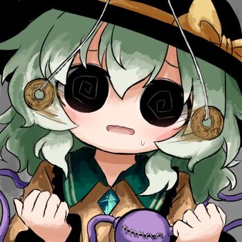Rule 34 | 1girl, @ @, black eyes, black hat, bow, buttons, coin, coin on string, collared shirt, diamond button, dilated pupils, eyeball, frilled shirt collar, frilled sleeves, frills, green hair, grey background, hat, hat bow, heripantomorrow, hypnosis, komeiji koishi, mind control, open mouth, shirt, simple background, solo, sweatdrop, third eye, touhou, yellow bow, yellow shirt