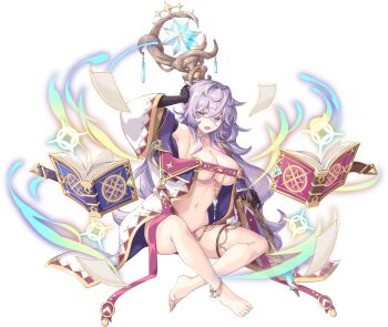 1girl armpits artist_request bare_legs bare_shoulders barefoot book breasts floating floating_book floating_object full_body game_cg hair_between_eyes hand_on_own_head highres holding holding_staff legend_clover long_hair long_sleeves merlin_(legend_clover) micro_panties navel official_art open_mouth panties pink_eyes purple_hair sitting solo staff third-party_source transparent_background underwear