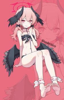 1girl absurdres ankle_ribbon arm_support barefoot bikini black_bikini black_bow black_wings blue_archive body_markings bow breasts closed_mouth collarbone double-parted_bangs feathered_wings feet floral_print floral_print_bikini front-tie_bikini_top front-tie_top full_body hair_between_eyes hair_bow halo hand_up head_wings highres invisible_chair irain koharu_(blue_archive) koharu_(swimsuit)_(blue_archive) leg_ribbon loli long_hair looking_at_viewer low_twintails low_wings multiple_wings navel official_alternate_costume pink_background pink_eyes pink_hair pink_halo print_bikini print_ribbon ribbon sitting small_breasts soles solo strapless strapless_bikini swimsuit toes twintails white_ribbon winged_halo wings zoom_layer