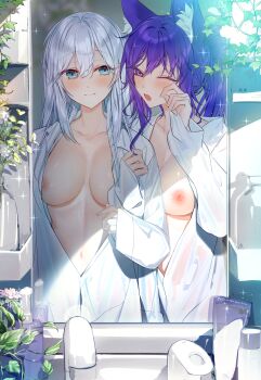 Rule 34 | 2girls, absurdres, animal ear fluff, animal ears, blue eyes, blue hair, blush, breasts, closed mouth, collarbone, commission, dress shirt, ephy (chontz), hair between eyes, highres, holding another's arm, indoors, large breasts, light smile, linea alba, long hair, long sleeves, looking at viewer, medium breasts, mirror, multiple girls, navel, no bra, one eye closed, open clothes, open mouth, open shirt, original, partially unbuttoned, purple eyes, purple hair, reflection, reflection focus, rubbing eyes, second-party source, shirt, skeb commission, sleepy, smile, sparkle, standing, syandega, vase, white hair, white shirt, yukino (chontz), yuri