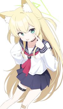 Rule 34 | 1girl, :p, absurdres, animal ear fluff, animal ears, bandaid, bandaid on knee, bandaid on leg, blonde hair, blue archive, commentary request, eyelid pull, fox ears, fox girl, green eyes, halo, highres, incredibly absurdres, index finger raised, kurumi (blue archive), long hair, looking at viewer, neckerchief, red neckerchief, school uniform, serafuku, shirt, solo, thigh strap, tongue, tongue out, two side up, urotsuki (ku9625), white background, white shirt