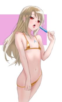 1girl bare_shoulders bikini bikini_pull blonde_hair blush breasts clothes_pull collarbone commentary english_commentary fate/stay_night fate_(series) flat_chest food gold_bikini golden_week holding holding_food holding_popsicle illyasviel_von_einzbern loli long_hair looking_at_viewer meruru1247 micro_bikini navel open_mouth popsicle pulling_own_clothes red_eyes saliva saliva_trail simple_background small_breasts solo string_bikini swimsuit teeth tongue tongue_out upper_teeth_only white_background