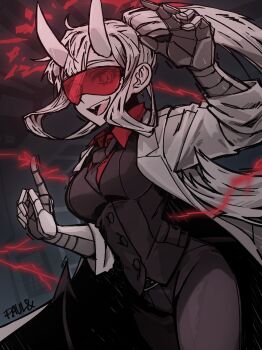 1girl absurdres artist_name breasts demon_girl demon_horns demon_tail formal_clothes glasses goggles grin hair_between_eyes helltaker highres horns lab_coat lightning long_hair loremaster_(helltaker) medium_breasts necktie open_mouth pants paulandcookie prosthesis prosthetic_arm red-tinted_eyewear red_eyes red_shirt shirt smile solo sunglasses tail tinted_eyewear vest white_hair white_horns