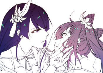 2girls armor blunt_bangs bridal_gauntlets cheek_squash chinese_clothes close-up clothing_cutout commentary couple english_commentary eye_contact eyeliner face-to-face fan_hair_ornament fare forced from_side genshin_impact hair_between_eyes hair_ornament hand_on_another&#039;s_cheek hand_on_another&#039;s_face head_tilt highres incoming_kiss japanese_clothes keqing_(genshin_impact) kiss leaning_forward long_hair looking_at_another looking_to_the_side makeup mitsudomoe_(shape) mixed-language_commentary mole mole_under_eye monochrome multiple_girls neck_ribbon off_shoulder out_of_frame parted_lips partially_colored purple_eyes purple_hair raiden_shogun red_eyeliner ribbon shoulder_armor shoulder_cutout simple_background sketch sweatdrop tomoe_(symbol) twintails unfinished upper_body white_background yuri