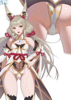 1girl absurdres animal_ears ass bare_shoulders breasts cat_ears chest_jewel commentary covered_navel detached_sleeves dress ear_ornament english_commentary gluteal_fold grey_hair groin hair_ornament hand_on_own_hip highleg highleg_leotard highres leotard leotard_under_clothes long_hair magdalenus27 multiple_views nia_(blade)_(xenoblade) nia_(xenoblade) open_mouth signature simple_background small_breasts standing strapless strapless_dress thighs twintails very_long_ears very_long_hair white_background white_dress white_leotard white_sleeves wide_sleeves xenoblade_chronicles_(series) xenoblade_chronicles_2 yellow_eyes