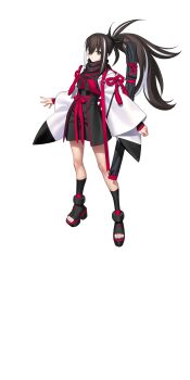 1girl black_ribbon black_scarf black_shoes black_shorts black_socks brown_eyes brown_hair fate/grand_order fate_(series) full_body hair_ribbon haori highres japanese_clothes kawakami_gensai_(fate) kawakami_gensai_(first_ascension)_(fate) large_variant_set long_hair looking_at_viewer multicolored_hair official_art ponytail red_ribbon ribbon scarf shirt shoes shorts socks solo standing streaked_hair sword tachi-e takeuchi_takashi third-party_source transparent_background two-tone_hair variant_set weapon white_hair white_haori