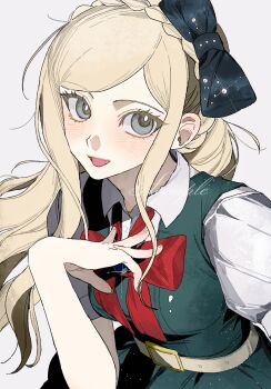 1girl :d artist_request belt black_bow black_dress blonde_hair blush bow braid commission crown_braid danganronpa_(series) danganronpa_2:_goodbye_despair dress grey_eyes hair_bow highres light_blush long_hair looking_at_viewer open_mouth puffy_sleeves sample_watermark second-party_source shirt sidelocks smile solo sonia_nevermind upper_body watermark white_belt white_shirt