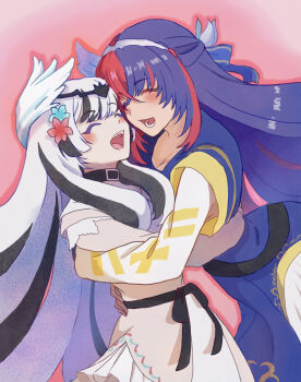 Rule 34 | 2girls, :d, arm around waist, belt collar, black collar, black hair, black sash, blue dress, blue flower, blue hair, blunt bangs, breasts, cheek-to-cheek, circlet, cleavage, closed eyes, collar, commentary request, crossed bangs, dress, dutch angle, female alear (fire emblem), female alear (sister dragons) (fire emblem), fire emblem, fire emblem engage, fire emblem heroes, flower, frilled dress, frills, grey dress, hair between eyes, hair flower, hair ornament, half-siblings, half updo, heads together, highres, hime cut, honobonomonster, hug, layered sleeves, long hair, long sleeves, lower teeth only, multicolored hair, multiple girls, nintendo, official alternate costume, open mouth, outline, red background, red flower, red hair, red outline, sash, siblings, sisters, smile, split-color hair, teeth, tulip, two-tone hair, upper teeth only, very long hair, veyle (fire emblem), veyle (sister dragons) (fire emblem), white flower, white hair, white tulip, wing hair ornament