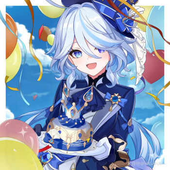 1girl :d absurdres balloon blue_eyes blue_hair blue_jacket blue_sky border bow brooch cake cloud day drop-shaped_pupils food frills furina_(genshin_impact) genshin_impact gloves hair_between_eyes hair_over_one_eye hasana hat heterochromia highres holding holding_plate jacket jewelry long_hair long_sleeves looking_at_viewer miyoushe_watermark multicolored_hair open_mouth plate ribbon shirt sky smile solo symbol-shaped_pupils upper_body watermark white_gloves white_hair