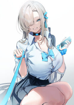 absurdly_long_hair absurdres asuna_(blue_archive) asuna_(school_uniform)_(blue_archive) black_choker black_skirt blonde_hair blue_archive blue_eyes blue_nails blue_ribbon blue_scrunchie breasts button_gap cellphone choker cleavage collared_shirt commentary grin hair_over_one_eye hair_ribbon highres holding holding_leash holding_phone huge_breasts leash long_hair looking_at_viewer mayutsuba_mono one_eye_covered parted_bangs phone pleated_skirt pov ribbon scrunchie shirt shirt_tucked_in sidelocks skirt smartphone smile solo very_long_hair viewer_on_leash white_background white_shirt wrist_scrunchie
