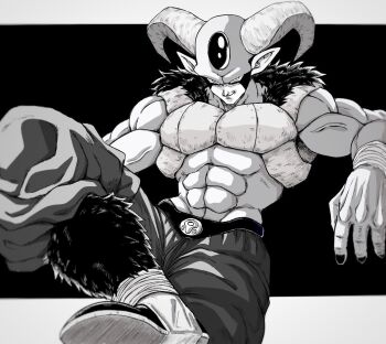 1boy abs bure_(fantasticyouth7) commentary_request demon_horns dragon_ball dragon_ball_super horns large_pectorals male_focus moro_(dragon_ball) muscular muscular_male pectorals solo topless_male