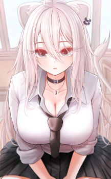 1girl absurdres ahoge alternate_costume animal_ear_fluff animal_ears black_choker black_necktie black_skirt breasts choker cleavage collared_shirt grey_eyes grey_hair highres hololive large_breasts lion_ears lion_girl lion_tail long_hair looking_at_viewer necktie open_mouth ruo1001 school_uniform shirt shishiro_botan sidelocks skirt solo tail very_long_hair virtual_youtuber white_shirt