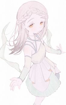 1girl absurdres blonde_hair braid braided_bangs breasts closed_mouth collarbone colored_eyelashes commentary cowboy_shot criss-cross_halter crown_braid detached_sleeves dress earrings flipped_hair floating_hair gakuen_idolmaster green_dress green_sleeves halter_dress halterneck highres idolmaster jewelry koukei_(idolmaster) layered_dress long_hair looking_at_viewer necklace orange_eyes outstretched_arms pale_color shinosawa_hiro simple_background small_breasts solo standing stud_earrings tsuchi_(sh_spica1) white_background white_dress