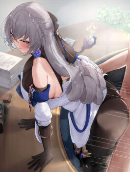 1boy 1girl ass bare_shoulders blue_ribbon blush boots breasts bronya_rand brown_gloves brown_pantyhose clothed_female_nude_male clothed_sex crossed_bangs desk detached_sleeves dress drill_hair earrings elbow_gloves gloves grey_eyes grey_hair hair_between_eyes hetero highres honkai:_star_rail honkai_(series) jewelry large_breasts long_hair moca_(mocaa_iai) nude open_mouth pantyhose paper_stack ribbon sex sex_from_behind thigh_boots thighs white_dress