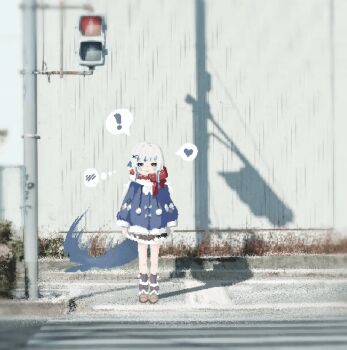 ! 1girl animated animated_gif bare_legs blue_coat blue_eyes blue_hair blue_jacket blue_ribbon blunt_bangs blurry blurry_background blush boots bow bush coat crosswalk fins fish_tail full_body fur-trimmed_sleeves fur_trim gawr_gura gawr_gura_(winter_casual) grey_socks hair_ornament heart hita_uni hololive hololive_english jacket long_hair long_sleeves looking_at_viewer multicolored_hair night official_alternate_costume official_alternate_hair_length official_alternate_hairstyle outdoors plaid_clothes plaid_skirt pole pom_pom_(clothes) puffy_long_sleeves puffy_sleeves red_scarf ribbon scarf shadow shark_girl shark_tail sign skirt smile socks solo speech_bubble standing streaked_hair tail tail_wagging thought_bubble traffic_light virtual_youtuber white_boots white_bow white_coat white_hair winter winter_clothes winter_coat x_hair_ornament