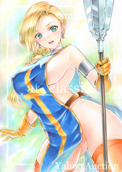 1girl aqua_background aqua_eyes armlet at_classics bianca_(dq5) blonde_hair blue_tabard braid breasts choker commentary_request cosplay covered_erect_nipples cowboy_shot dragon_quest dragon_quest_iii dragon_quest_v earrings floating_clothes floating_hair gloves gluteal_fold gradient_background green_background holding holding_mace holding_weapon in-franchise_crossover jewelry large_breasts mace naked_tabard nearly_naked_tabard orange_gloves orange_thighhighs priest_(dq3) priest_(dq3)_(cosplay) sample_watermark side_part sideboob silver_armlet silver_choker single_braid sphere_earrings tabard thighhighs traditional_media watermark weapon yellow_gloves