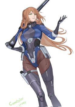 1girl android black_thighhighs breasts brown_hair commentary commission cropped_legs english_commentary english_text floating_hair girls'_frontline girls'_frontline_2:_exilium green_eyes groin gun hair_between_eyes highleg highleg_leotard highres holding holding_gun holding_weapon large_breasts leotard long_hair mechanical_arms mechanical_legs parted_lips rifle robot_girl seilindekos simple_background skin_seams smile solo springfield_(girls'_frontline) thighhighs upper_body weapon white_background