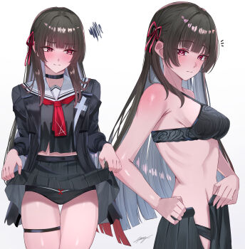 1girl absurdres black_bra black_choker black_hair black_jacket black_panties black_serafuku black_shirt black_skirt blush bra breasts chisa_(wuthering_waves) choker closed_mouth clothes_lift commentary hair_ribbon highres jacket lifting_own_clothes long_hair long_sleeves looking_at_viewer looking_to_the_side medium_breasts miya-chan_(lightning0730) multiple_views neckerchief notice_lines open_clothes open_skirt panties red_eyes red_neckerchief red_ribbon ribbon sailor_collar school_uniform serafuku shirt simple_background skirt skirt_lift split_mouth squiggle thigh_gap thigh_strap thighs underwear white_background white_sailor_collar wuthering_waves