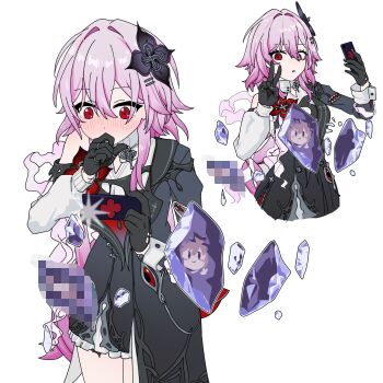 1girl absurdres akaika_(aka) black_dress black_flower black_gloves blush censored commentary_request cowboy_shot dress eidolon_(honkai:_star_rail) evernight_(honkai:_star_rail) flower gloves hair_between_eyes highres holding holding_phone honkai:_star_rail honkai_(series) long_hair long_sleeves march_7th_(honkai:_star_rail) multiple_views official_alternate_eye_color phone pink_hair red_eyes selfie single_bare_shoulder v white_background