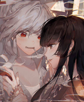 2girls black_hair blush brown_eyes cigarette commentary_request face-to-face fujiwara_no_mokou hair_ribbon hand_on_own_chin houraisan_kaguya kawacy long_hair looking_at_another multiple_girls open_clothes open_shirt red_eyes ribbon shirt smile smoke sweat touhou white_hair yuri
