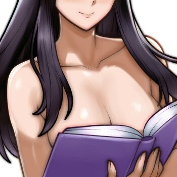 1girl astrid_(fire_emblem) bare_arms bare_shoulders black_hair boobs_in_book_(meme) book breasts cleavage collarbone commission commissioner_upload eyes_out_of_frame fire_emblem fire_emblem:_path_of_radiance fire_emblem:_radiant_dawn head_out_of_frame holding holding_book ko-fi_commission large_breasts long_hair meme nintendo non-web_source open_book rotomdocs smile solo upper_body