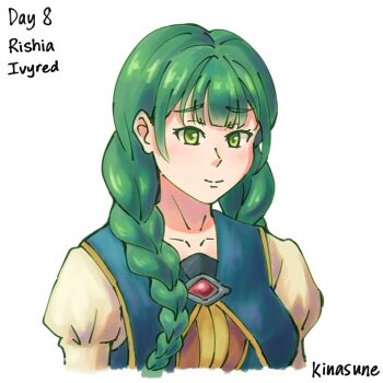 Rule 34 | 1girl, artist name, blunt bangs, braid, braided twintails, breasts, brown dress, character name, closed mouth, collarbone, commentary, cropped torso, dress, english commentary, english text, green dress, green eyes, green hair, highres, kinasune, layered dress, long hair, long sleeves, looking at viewer, medium breasts, multicolored dress, rishia ivyred, signature, simple background, smile, solo, tate no yuusha no nariagari, upper body, white background, white dress