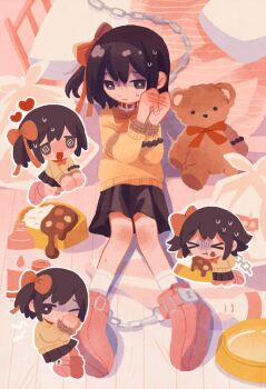 &gt;_&lt; 1girl bdsm black_hair bondage bound bound_wrists braid chain chained chibi closed_eyes cuffs donut food handcuffs heart minato_aoi original school_uniform shackles skirt socks stuffed_animal stuffed_toy teddy_bear twin_braids