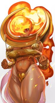 Rule 34 | 1girl, breasts, capcom, cleavage, colored skin, cowboy shot, fire, hair over one eye, hand on own hip, highres, hip focus, large breasts, lips, looking at viewer, midriff, navel, noblood (ryandomonica), orange hair, pasties, power stone, red eyes, red skin, rouge (power stone), simple background, smile, solo, tassel, tassel pasties, thighs, white background