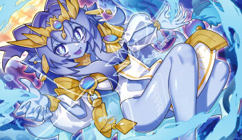 Rule 34 | 1girl, blue eyes, blue hair, blue skin, clothing cutout, colored skin, dominus impulse, duel monster, dutch angle, fuji tarawi, highres, looking at viewer, navel, navel cutout, pelvic curtain, sidelocks, smile, solo, thighs, yu-gi-oh!