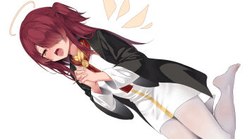 1girl arknights begging black_coat brown_eyes coat exusiai_(arknights) exusiai_the_new_covenant_(arknights) hair_over_one_eye halo highres kataokasan kneeling long_shirt open_mouth pantyhose shirt side_ponytail solo teeth white_pantyhose white_shirt
