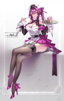 1girl alternate_costume artist_name bare_shoulders black_thighhighs breasts cake character_name cleavage closed_mouth crossed_legs detached_sleeves dress food fork frilled_dress frills garter_straps hair_between_eyes high_heels highres holding holding_fork holding_plate honkai:_star_rail honkai_(series) instagram_logo kafka_(honkai:_star_rail) large_breasts long_hair long_sleeves looking_at_viewer maid_headdress patreon_logo plate princess_ailish purple_dress purple_eyes purple_footwear purple_hair signature sitting thighhighs tongue tongue_out twitter_logo two-tone_dress typo watermark