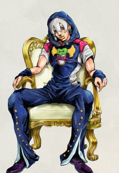 1boy absurdres araki_hirohiko_(style) bell-bottoms belt blue_bridal_gauntlets blue_overalls braid bridal_gauntlets chair commentary_request earrings faux_traditional_media full_body green_eyes grey_shirt heart_ornament highres hood hood_up hooded_overalls jewelry jodio_joestar jojo_no_kimyou_na_bouken kaib0y long_bangs long_hair looking_at_viewer makeup male_focus medium_hair overalls pants parted_lips purple_belt purple_shoes shirt shoes short_sleeves side_braid single_earring sitting solo teeth the_jojolands very_long_hair white_hair wing_ornament yellow_lips