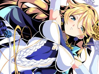 1girl aqua_eyes b-kyuu_ocha blonde_hair blue_dress dress duel_masters duel_masters_play&#039;s earrings elbow_gloves elena_(duel_masters) gloves hair_between_eyes hair_ornament highres jewelry long_hair looking_at_viewer lying multicolored_dress on_back solo white_dress white_gloves