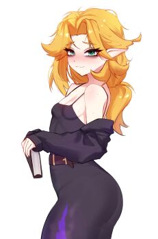 Rule 34 | 1girl, ass, ass focus, belt, black dress, blonde hair, blush, book, breasts, cgator, cleavage, cosplay, dokibird, dress, fang, feather hair, green eyes, hashtag-only commentary, highres, huge ass, indie virtual youtuber, label (nikke), label (nikke) (cosplay), long hair, looking at viewer, skin fang, small breasts, solo, tight clothes, tight dress, virtual youtuber