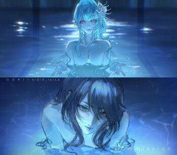 +\l.l./+_(path_to_nowhere) 2girls blue_hair chainsaw_man chief_(path_to_nowhere) dark female_chief_(path_to_nowhere) flower hair_flower hair_ornament hands_up highres indoors long_hair looking_at_viewer multiple_girls nidi3_laila night partially_submerged path_to_nowhere pool scene_reference yuri