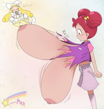 1girl 2girls blonde_hair blush breasts double_bun english_text female_focus hair_bun harukaze_doremi highres huge_breasts loli looking_at_viewer multiple_girls nipples ojamajo_doremi open_mouth red_hair size_difference smile solo surprised torn_clothes touhoufan twintails