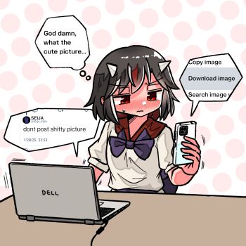 1girl black_hair blush bow bowtie cellphone closed_mouth commentary_request computer cone_horns dell english_text grey_horns highres holding holding_phone horns kasuya_baian kijin_seija laptop multicolored_hair partial_commentary phone purple_bow purple_bowtie red_eyes red_hair shirt short_sleeves small_horns smartphone solo speech_bubble streaked_hair sweatdrop table thought_bubble timestamp touhou tsundere tweet white_hair white_shirt