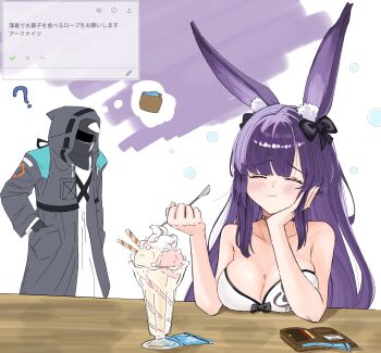 Rule 34 | 1girl, 1other, ?, absurdres, animal ear fluff, animal ears, arknights, black coat, blush, breasts, chinese commentary, cleavage, closed eyes, closed mouth, coat, commentary request, doctor (arknights), eating, fan request, food, hand on own cheek, hand on own face, highres, holding, holding spoon, hood, hood up, hooded coat, ice cream, long hair, long sleeves, medium breasts, official alternate costume, partial commentary, purple hair, rope (arknights), rope (summer flowers) (arknights), speech bubble, spoon, thought bubble, translation request, zhenjie20