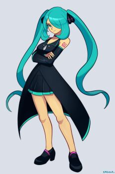 1girl absurdres aqua_eyes aqua_hair arm_tattoo arms_under_breasts bare_shoulders black_choker black_shirt black_shoes black_skirt blue_hair breasts champion_(vocaloid) choker collared_shirt commentary commission commissioner_upload cosplay crossed_arms cynthia_(pokemon) cynthia_(pokemon)_(cosplay) detached_sleeves hair_ornament hair_over_one_eye hatsune_miku highres large_breasts long_hair long_sleeves looking_at_viewer nintendo pokemon pokemon_dppt project_voltage shirt shoes skirt sleeveless sleeveless_shirt smgold smile solo tattoo twintails very_long_hair vocaloid wavy_hair