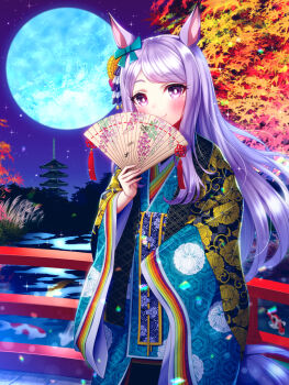 1girl animal_ears aqua_bow blue_kimono blush bow closed_mouth commentary_request ear_bow ear_ribbon folding_fan full_moon hand_fan highres holding holding_fan horse_ears horse_girl horse_tail japanese_clothes kimono long_hair long_sleeves looking_at_viewer mejiro_mcqueen_(umamusume) moon outdoors print_kimono purple_eyes purple_hair sky smile solo sugimotty_nova tail tree umamusume wide_sleeves