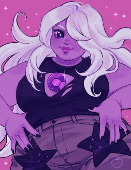 1girl amethyst_(steven_universe) black_nails breasts colored_skin commentary curvy english_commentary gem hair_over_one_eye hands_on_own_hips long_hair medium_breasts munrou plump purple_background purple_eyes purple_gemstone purple_skin shirt solo sparkle steven_universe steven_universe_future thick_arms torn_clothes torn_shirt upper_body watermark white_hair