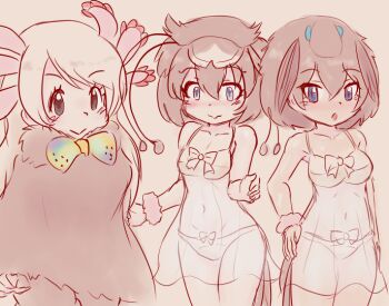 3girls animal_ears antennae axolotl_girl bare_shoulders bird_girl bird_tail bird_wings black_cape black_eyes black_hair black_sweater blue_eyes blush bow bowtie breasts cape cosplay costume_switch gradient_bow hair_between_eyes head_wings kemono_friends long_hair looking_at_viewer medium_breasts mexico_salamander_(kemono_friends) mexico_salamander_(kemono_friends)_(cosplay) mo23 multicolored_bow multicolored_bowtie multiple_girls open_mouth see-through_clothes short_hair simple_background smile superb_bird-of-paradise_(kemono_friends) sweater tail underwear western_parotia_(kemono_friends) white_background white_hair wings