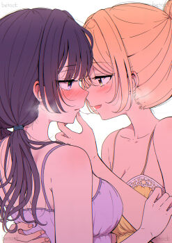2girls absurdres after_kiss artist_name betock blonde_hair blush hand_on_another&#039;s_back hand_on_another&#039;s_chin heart heart-shaped_pupils highres multiple_girls nightgown original ponytail purple_eyes purple_hair purple_nightgown saliva saliva_trail signature simple_background symbol-shaped_pupils white_background yellow_eyes yellow_nightgown yuri